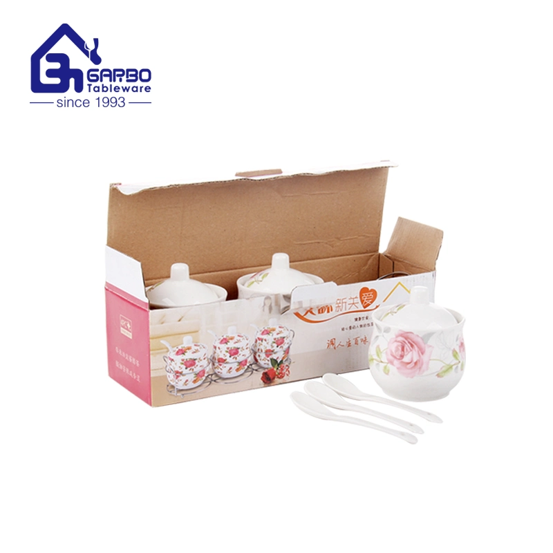 Wholesale Ceramic Tableware Flower Decal Porcelain Ceramic Cruet Set of 3 with Spoon and Lid