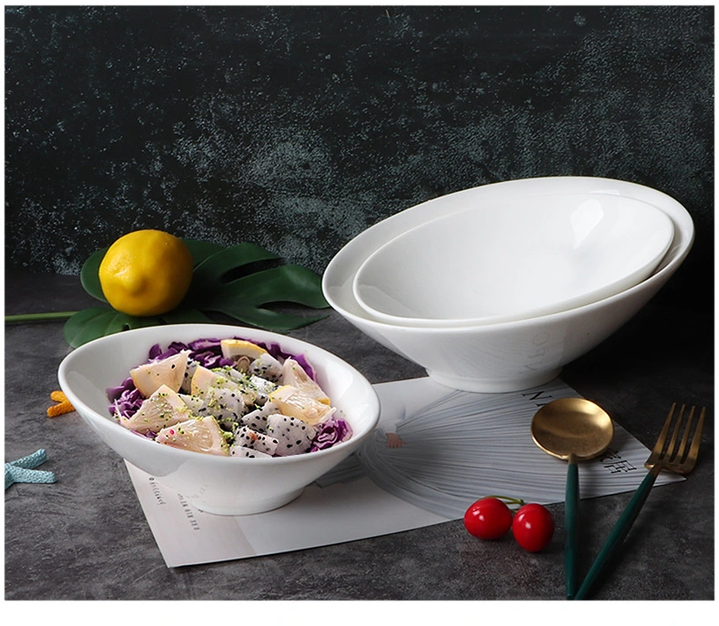 Wholesale Hotel White Creative Ceramic Bowl Special Oblique Mouth Bowl for High-End Restaurant